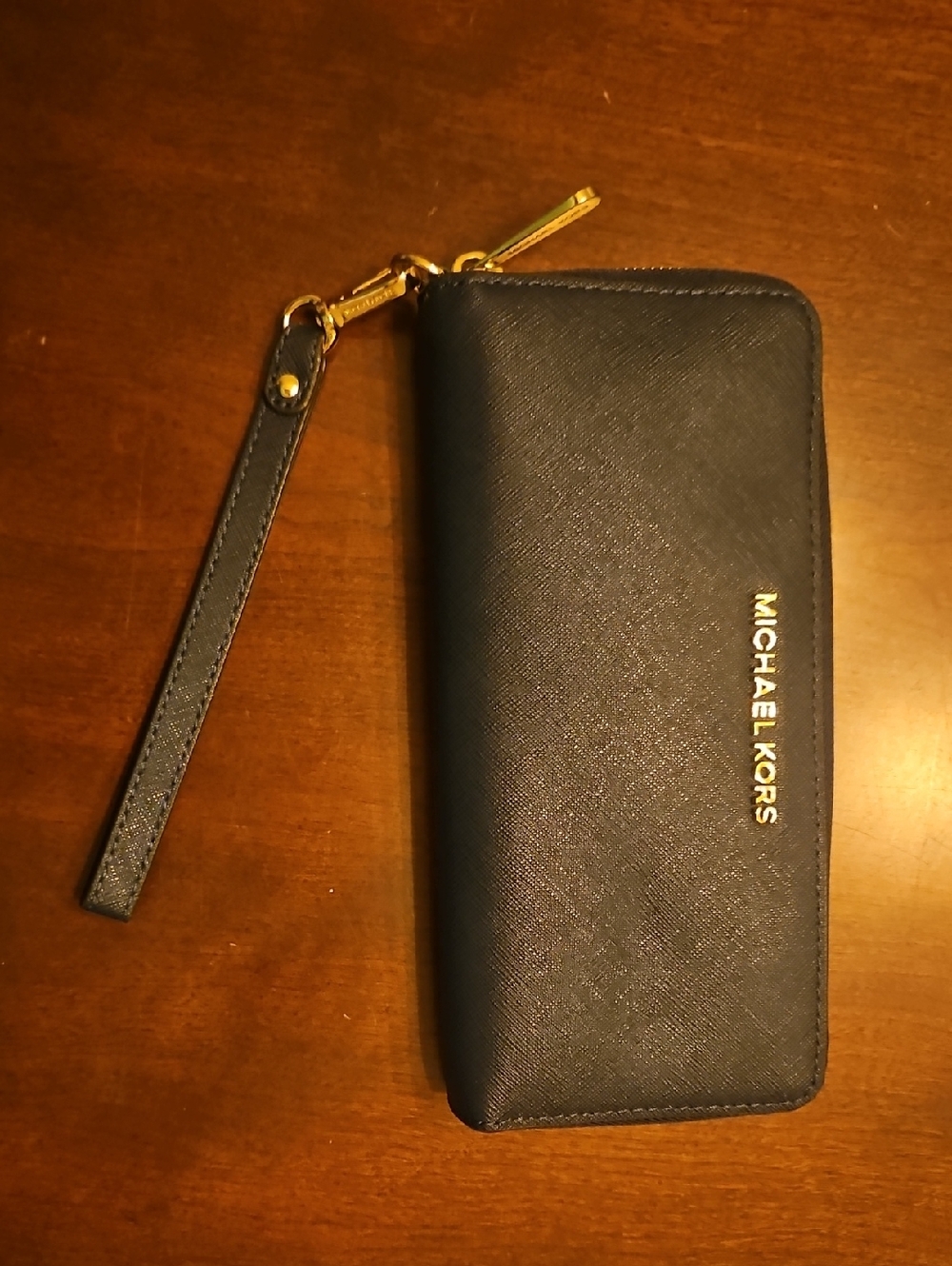 Michael Kors Navy Saffiano Wristlet with Gold Logo